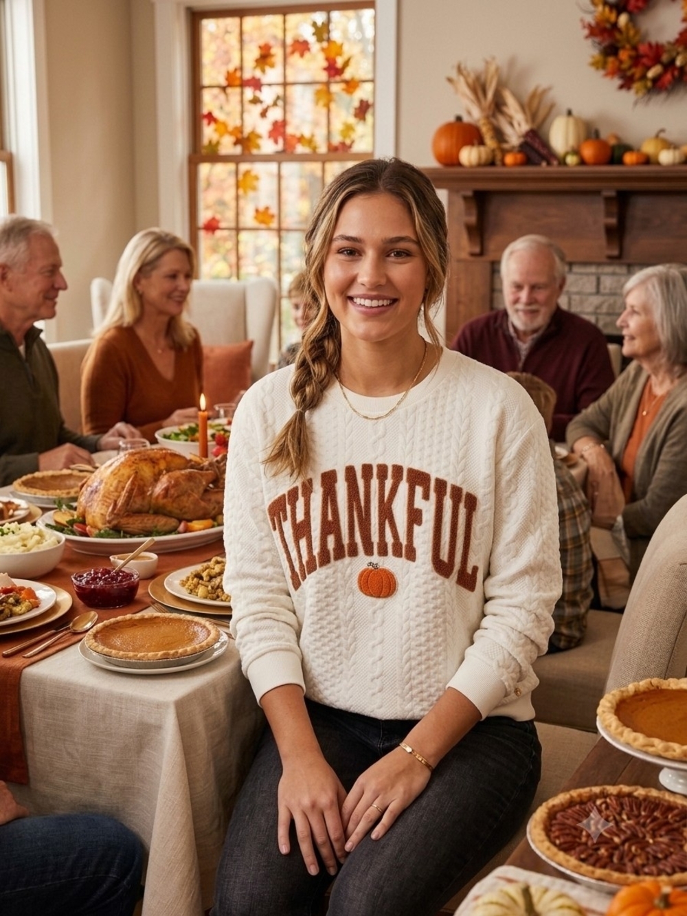Simply Southern Cream 'Thankful' Cable-Knit Sweatshirt with Pumpkin Graphic